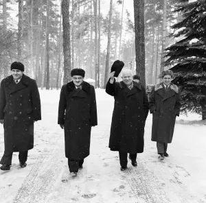 Russian Leader Prints: Nikita Khrushchev Waving in the Snow Soviet Print 1959