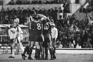 Prints of European Cup Final at the Stadio Olimpico in Rome, Italy. Liverpool 3 v Borussia Munchengladbach 1. (Picture). Liverpool players celebrate goal. 25th May 1977 0400to0499 Prints: Liverpool Celebrate 1977 European Cup Final Print