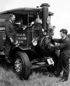 Prints of After bringing his steam engine, Hielan Laddie, from Aberdeen, 35-year-old William Barrack, right, owner, and Mr William McGonachie 0400to0499 Prints: Steam Engine Hielan Laddie Print 1960 Rally