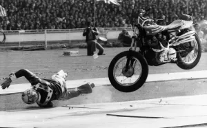 Prints of Evel Knievel American stuntman daredevil 1975 falling from motorcycle at Wembley Stadium 0500to0599 Prints: Evel Knievel 1975 Wembley Stadium Print