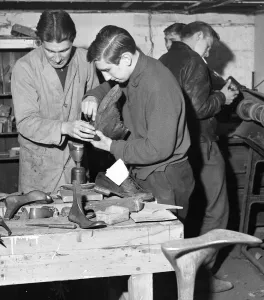 00686 Prints: 1958 Print: Hoxton Boys Club Shoe Repair Workshop