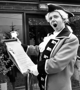 Prints of Town Crier David Mitchell awakens Lorraine Breckton of Chester before her wedding at Christleton. 14th October 1992 Chester Prints: Town Crier Awakens Bride at Christleton, 14th October 1992 Print