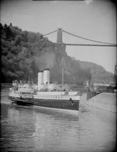 Clifton Suspension Bridge Prints: The Bristol Queen paddle steamer seen here closes to the Clifton Suspension Bridge Circa