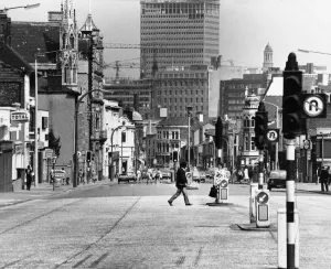 Prints of General view down Chapel Street, the main thoroughfare of Salford, Greater Manchester. 3rd June 1975 Greater Manchester Prints: General view down Chapel Street, Salford Print 1975