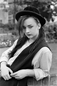Prints of Pop star Boy George of Culture Club group. Pictured after the group moved into 15th spot in the charts. 28th September 1982 1000to1099 Prints: Boy George 1982 Chart Success Print (01088)