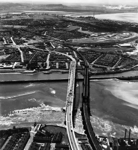 River Mersey Prints: Aerial View of New Runcorn - Widnes Bridge Print Circa 1962