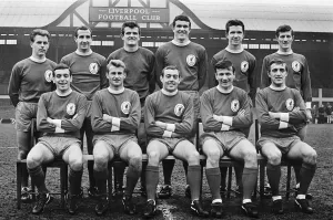 Prints of Liverpool football team pose at Anfield for a Pre- Wembley photo call. Back row left to right: Gordon Milne, Gerry Byrne, Tommy Lawrence, Ron Yeats, Chris Lawler and Willie Stevenson 1100to1199 Prints: Liverpool Football Team Pre-Wembley Photo Call Print 1965