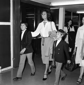 London Airport Arrivals Prints: Sophia Loren and her sons Carlo Ponti, Jr. and Edoardo Ponti at London Airport