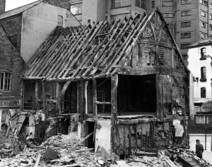 Prints of Spon Street, Coventry, West Midlands. The Spon Street building, now almost a skeleton stripped of its fabric, was built as a pair of semi-detached houses, probably in the 14th century Coventry Prints: Vintage Print of 14th Century Spon Street, Coventry