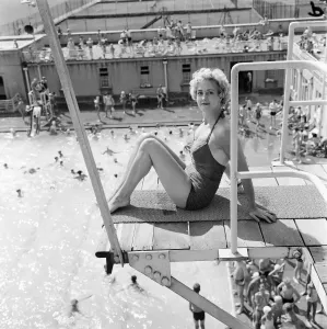 Retro Swimwear Designs Prints: Liz Fraser, English actress, pictured at Durnsford Road Baths, Bounds Green