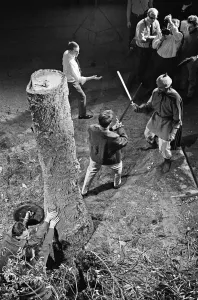 Prints of Derek Ware fight co-ordinator runs through the fight scene with the Saracen (Valentino Musetti) and Ian (William Russell) 1200to1299 Prints: Derek Ware Fight Co-ordinator on Set Print 16th February 1965