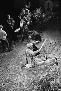 Prints of The Saracen (Valentino Musetti) and Ian (William Russell) during filming the Dr Who story The Crusades at the BBC studios in Ealing. 16th February 1965 1200to1299 Prints: The Saracen and Ian Print, BBC Studios Ealing 1965