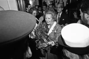 Prints of Prime Minister Margaret Thatcher, her husband, Denis Thatcher and Conservative Party chairman, Norman Tebbit, arrive at Conservative Central Office in Smith Square Politic Prints: Margaret Thatcher and Denis Thatcher Celebrate Third Term in Government Print