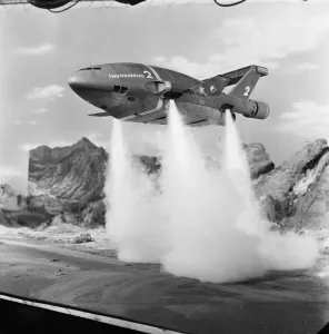 Prints of Thunderbird II takes off in Slough film studios during filming of the Thunderbirds series. 6th October 1965 1300to1399 Prints: Thunderbird II Takes Off Print - 6th October 1965