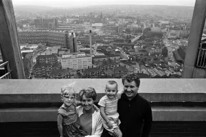 Prints of Mr. Bob Torr and wife Valerie with their children Julie, 5, and Michael, 3, in their flat at Park Hill, Sheffield. 2nd October 1967 Brutalist Architecture Prints: Black and white photograph print of a family in their flat