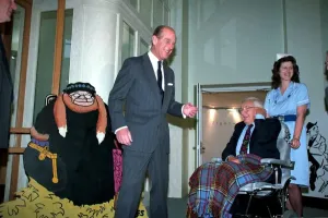 01415 Prints: Print of Prince Philip with Carl Giles at National Museum of Cartoon Art