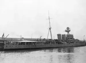 Print of a picture shows the HMS Calcutta, a Royal Navy light cruiser