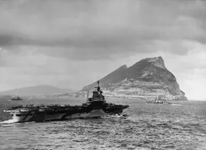 Prints of Big ships of the British Royal Navy fleet at exercise on the waters of the Mediterranean Sea. Picture shows aircraft carrier HMS Formidable exercising with destroyers off Gibraltar 1400to1499 Prints: Print of British Royal Navy fleet exercising in the Mediterranean Sea
