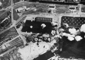 Print of a daylight bombing attack on Le Havre docks in Northern France