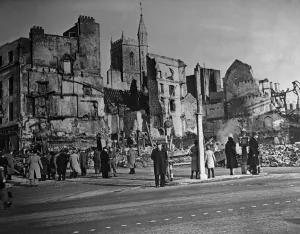 Print of bombed out buildings on Bridge Street, Bristol