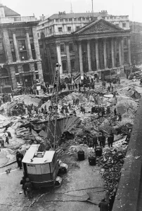The London Blitz Prints: Print of Bomb damage to Bank underground station, London January 1941