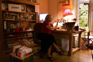 Prints of Author Sue Townsend in her house in Leicester - July 1999 Leicester Prints: Author Sue Townsend Print in Leicester July 1999