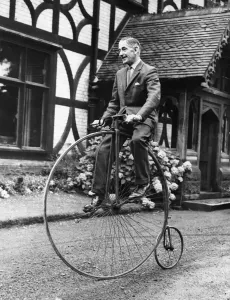 Prints of Mr Frederick Witts with his penny farthing bicycle at his home in Bryncoch, Neath, Wales. 13th August 1966 1500to1599 Prints: Mr Frederick Witts with penny farthing bicycle print