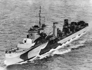 Prints of HMS Wallace a Shakespeare Class Flotilla Leader escort seen here in 1942 shortly after Prince Philip the Duke of Edinburgh joined the ship as a sub lieutenant. Circa January 1942 1500to1599 Prints: HMS Wallace Print: Shakespeare Class Flotilla Leader Escort, 1942