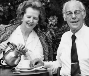 Prints of Margaret Thatcher and husband Denis drinking coffee in an outside cafe in a park - May 1987 1500to1599 Prints: Margaret Thatcher and Denis Print - May 1987 Outdoor Cafe Scene