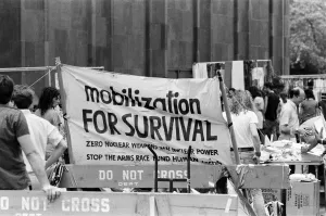 Mobilization for Survival Coalition Banner, seen at flea market, New York, USA, June 1984 Mobilization for Survival Coalition Banner, seen at flea market, New York, USA, June 1984