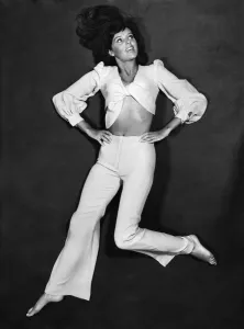 Model Pauline Cunningham wearing trouser suit. August 1969 P008462 Model Pauline Cunningham wearing trouser suit. August 1969 P008462