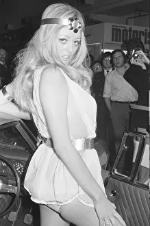 Model posing beside a car at the 1971 Earls Court motor show 19th October 1971 Model posing beside a car at the 1971 Earls Court motor show 19th October 1971