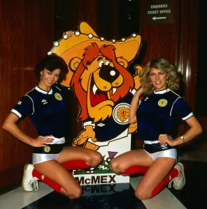 Models, Lorraine Davidson and Karen Flynn, with McMex Scotland World Cup Mascot 1986 Models, Lorraine Davidson and Karen Flynn, with McMex Scotland World Cup Mascot 1986