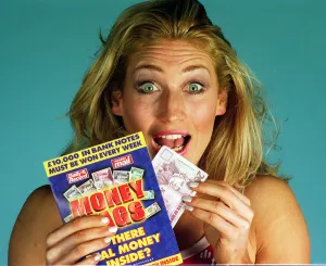 Money Bags cash game January 1998 Ali Paton Siren from Gladiators with twenty pound note Money Bags cash game January 1998 Ali Paton Siren from Gladiators with twenty pound note