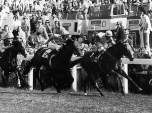 Morston with Eddie Hide wins the Derby ahead of Lester Piggott on Cava Doro at Epsom Morston with Eddie Hide wins the Derby ahead of Lester Piggott on Cava Doro at Epsom