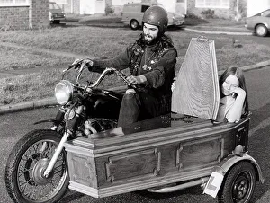 Motor Bike and Sidecar. Dave Phillips od Russington, Sussex has fitted a coffin as a Motor Bike and Sidecar. Dave Phillips od Russington, Sussex has fitted a coffin as a