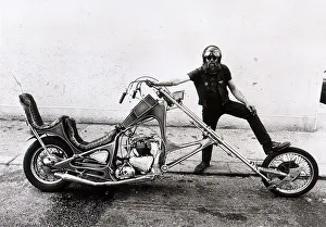 Motorbike Custom Built Chopper Bike. Mike Flanagan with his home made motorbike Motorbike Custom Built Chopper Bike. Mike Flanagan with his home made motorbike