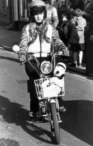 MotorCycles Twiggy shows how simple the moped is to drive April 1978 MotorCycles Twiggy shows how simple the moped is to drive April 1978