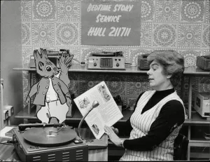 Mrs June Barrett, Tufty Club organiser, recording six road safety stories from the Tufty Mrs June Barrett, Tufty Club organiser, recording six road safety stories from the Tufty