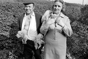 Mrs Queenie Robinson pictured with her husband her pet Ferrets. May 1975 Mrs Queenie Robinson pictured with her husband her pet Ferrets. May 1975