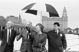 Mrs Thatcher takes a look at Liverpool with Antony Newton MP (left) and Trevor Furlong Mrs Thatcher takes a look at Liverpool with Antony Newton MP (left) and Trevor Furlong