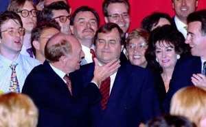 Neil Kinnock, John Prescott and Peter Mandelson at the Royal Festival Hall May 1997 Neil Kinnock, John Prescott and Peter Mandelson at the Royal Festival Hall May 1997