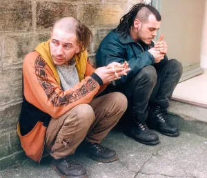 Two New Age travellers outside Hexham Court to hear the result of a hearing in April 1996 Two New Age travellers outside Hexham Court to hear the result of a hearing in April 1996