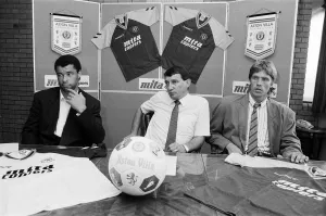 New Aston Villa signings, with manager Graham Taylor. Left to right, Paul McGrath New Aston Villa signings, with manager Graham Taylor. Left to right, Paul McGrath