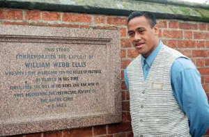 New Zealand rugby player Jonah Lomu visiting Rugby. Pictured at the Webb Ellis plaque at New Zealand rugby player Jonah Lomu visiting Rugby. Pictured at the Webb Ellis plaque at