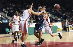 Newcastle Comets v Leicester Riders, Paul Douglas of the Comets takes on the Riders Newcastle Comets v Leicester Riders, Paul Douglas of the Comets takes on the Riders