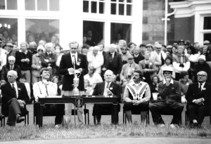 Nick Faldo British Golf during a speech after his victory at Muirfield The crowd Nick Faldo British Golf during a speech after his victory at Muirfield The crowd