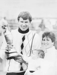 Nick Faldo golfer with wife and daughter holding open golf championship trophy claret jug Nick Faldo golfer with wife and daughter holding open golf championship trophy claret jug