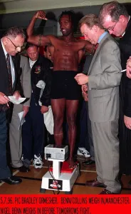 Nigel Benn during weigh in before fight with Steve Collins in Manchester Nigel Benn during weigh in before fight with Steve Collins in Manchester