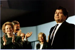 Nigel Lawson receiving standing ovation at Blackpool Conservative Conference on stage Nigel Lawson receiving standing ovation at Blackpool Conservative Conference on stage